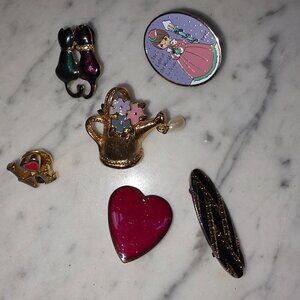 Vintage Enamel Brooch Pin Lot Cats Hearts Watering Can 7pc